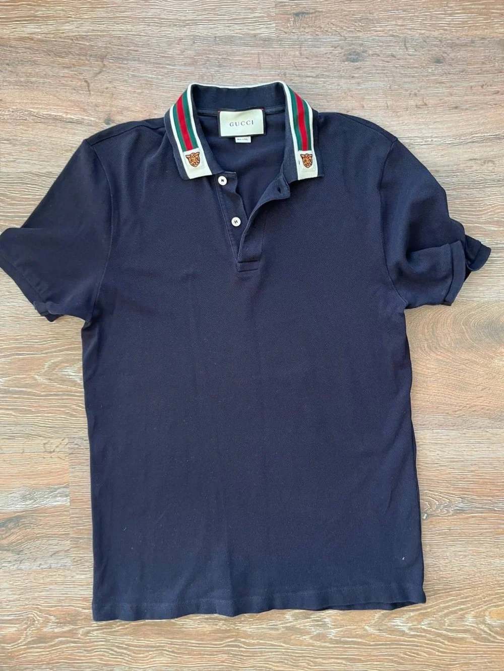 Gucci Navy Polo with Web and Tiger Collar Patches